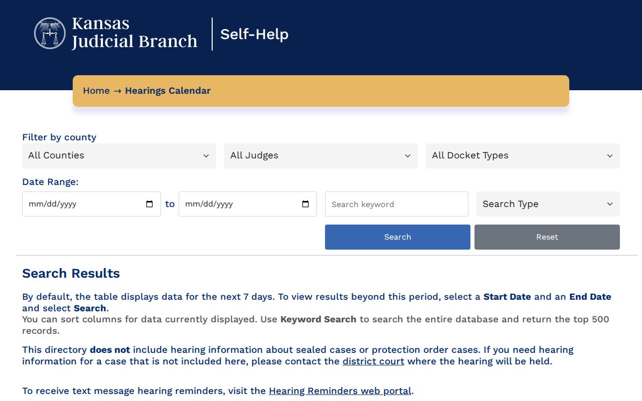 Saline County court calendar search through the Kansas Hearing Calendar