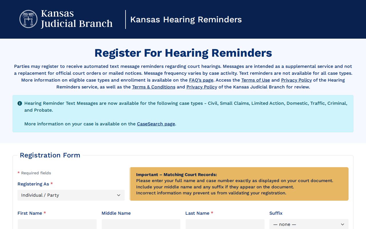 Saline County court calendar hearing reminder portal