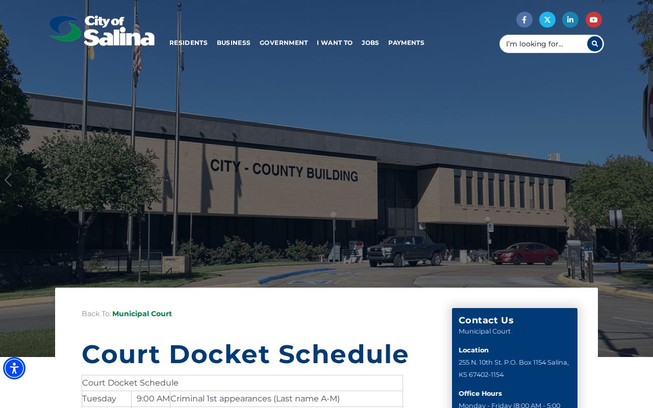 Saline County court calendar categories on the Salina Municipal Court schedule