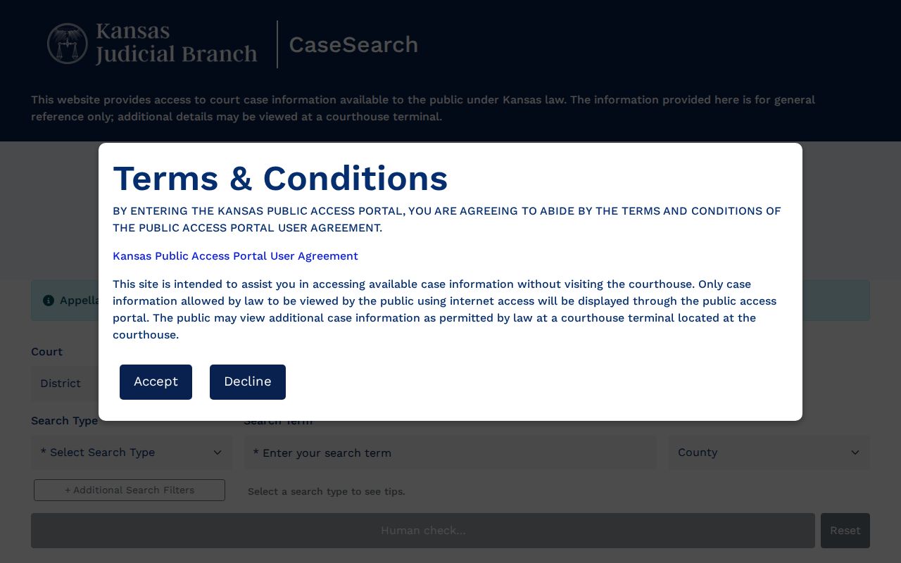 Saline County case search fields in the Kansas court test interface