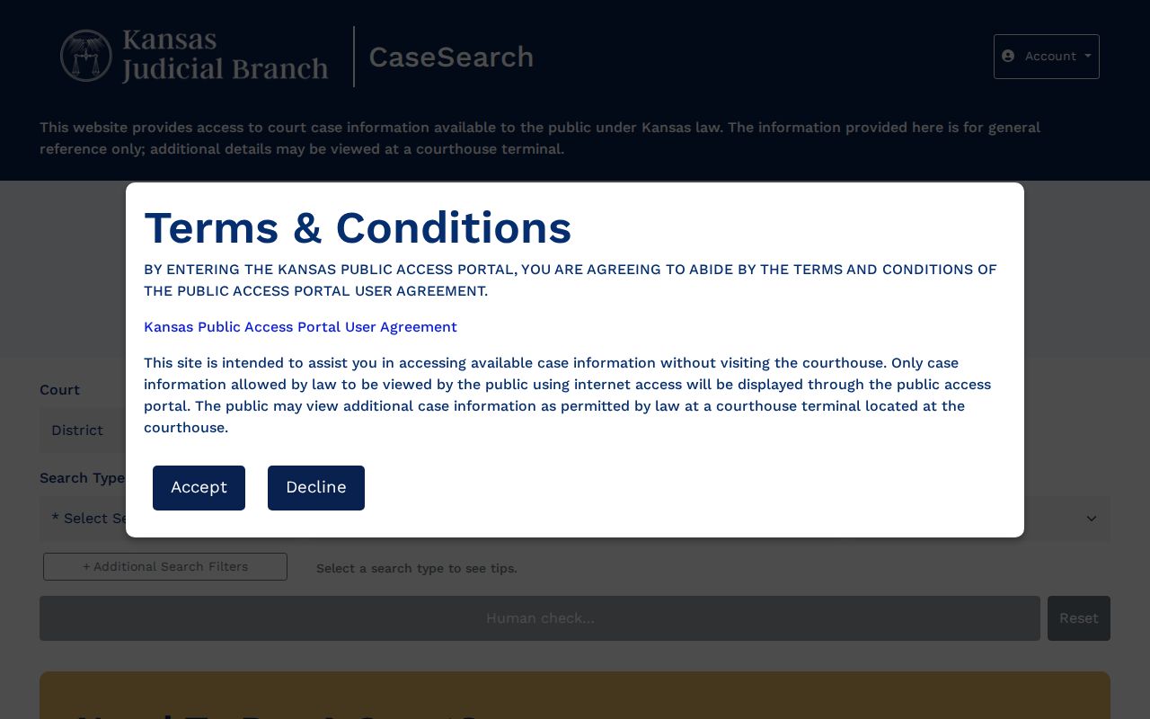 Kansas Courts CaseSearch landing page for a Saline County court docket search