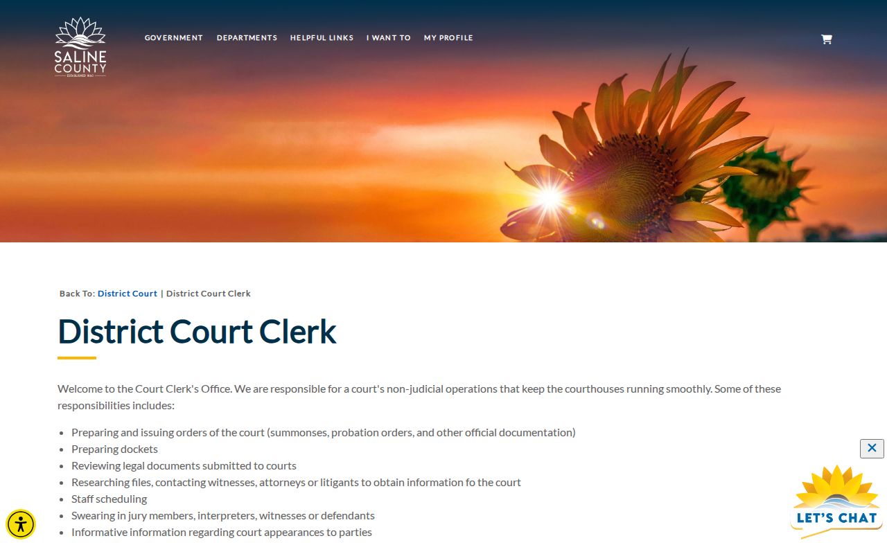 Saline County District Court Clerk duties and docket access page