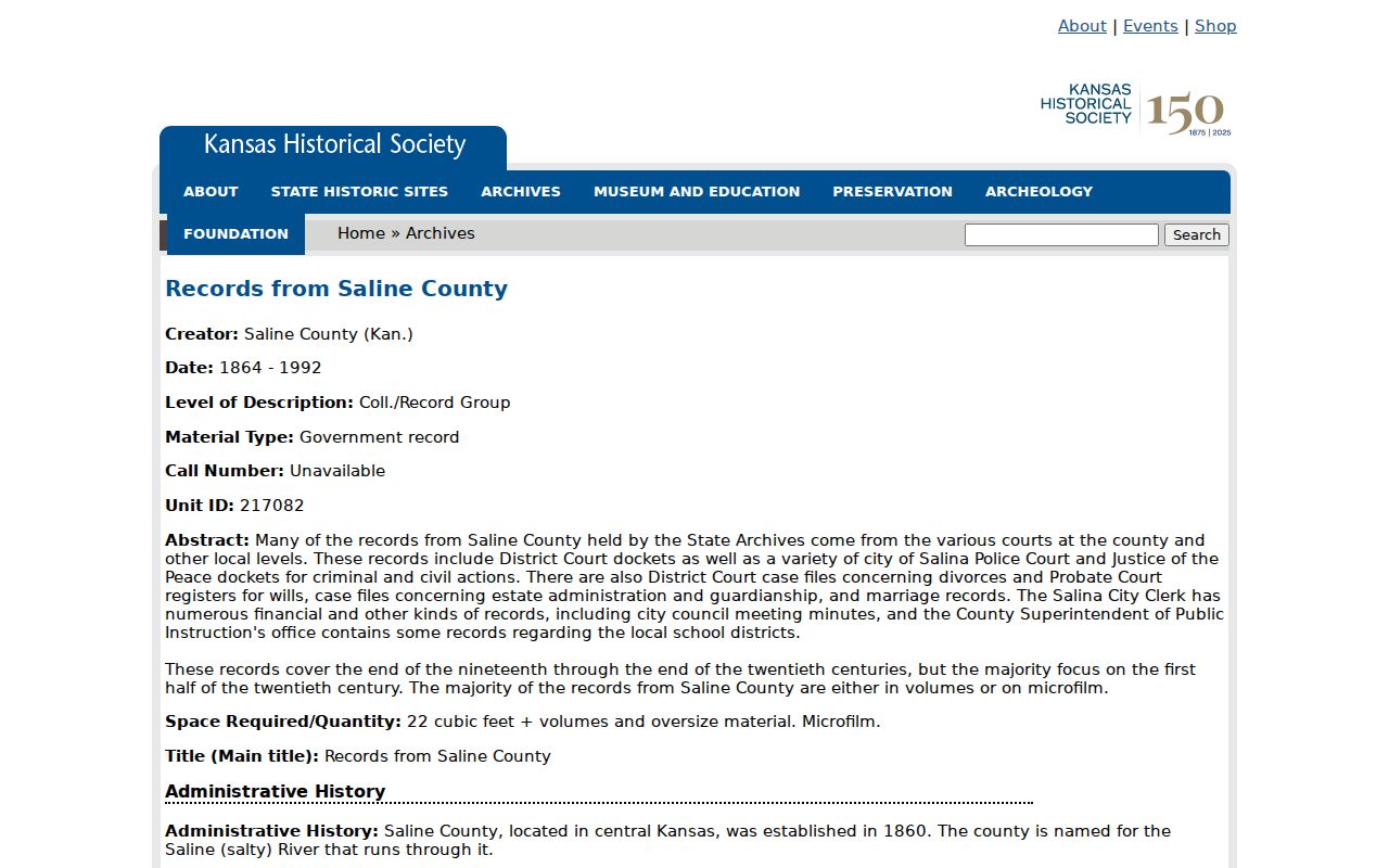 Kansas State Archives finding aid for historic Saline County court dockets